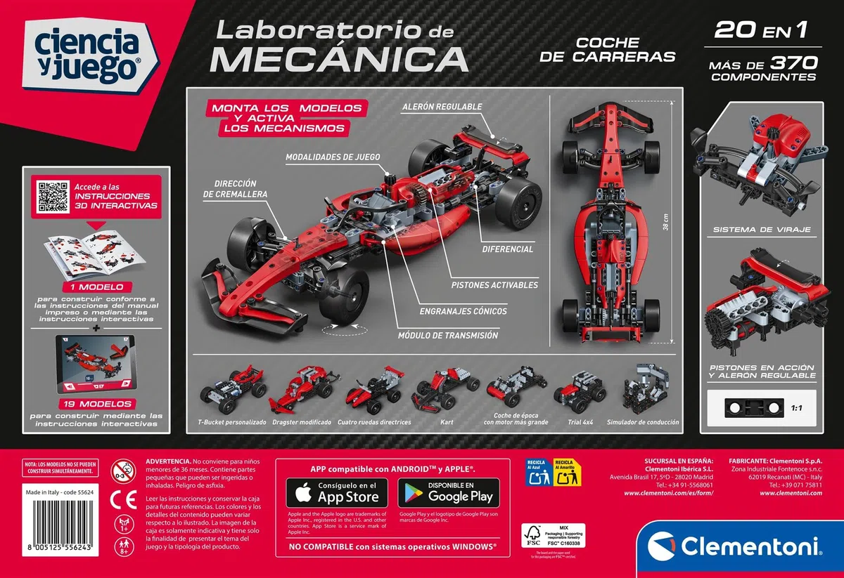 Clementoni - Mechanics - Coche de Carreras - Laboratorio de mecánica - Ultrarápido - Kit con mas de 370 Piezas - con mecanismos de piñón y Cremallera y dirección - A Partir de 8 años - 55624