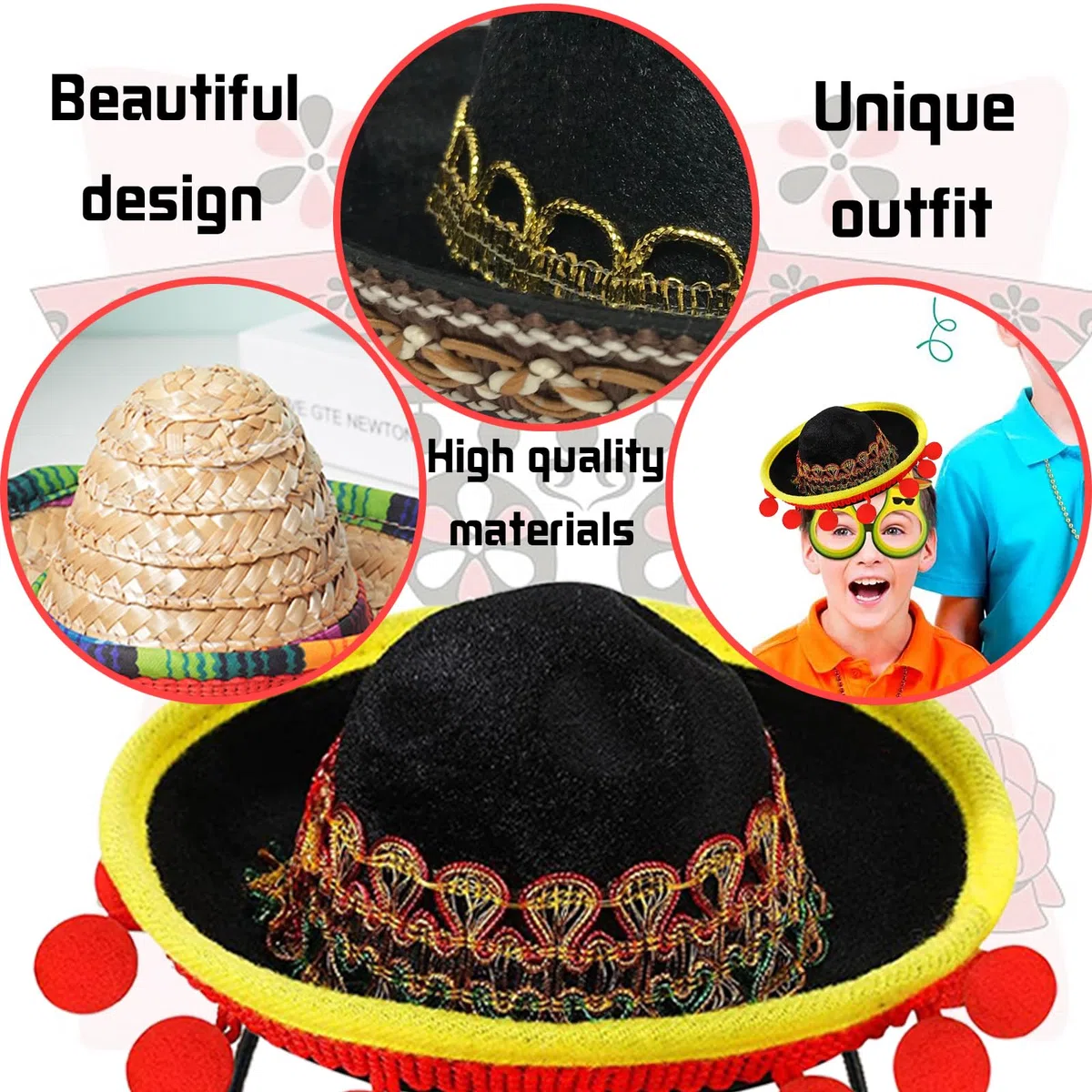 Juego De 6 Sombreros De Paja Del, MéXico PequeñOs Sombreros, Bola De Borla Y Diadema, Diadema De Paja, DecoracióN TemáTica Mexicana Y Recuerdos De