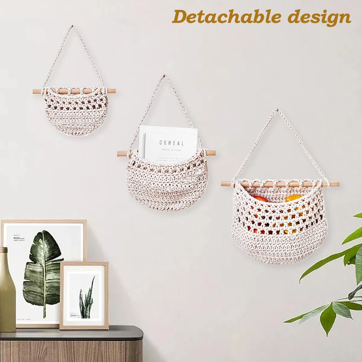 Cesta Colgante de Frutas, Hecha a Mano Cesta de Fruta, Cesta de Frutas Colgantes de Tejido, Diseño Desmontable, Adecuado Para Almacenar Fruta, Verdura, Aperitivos y Otros Artículos, Beige