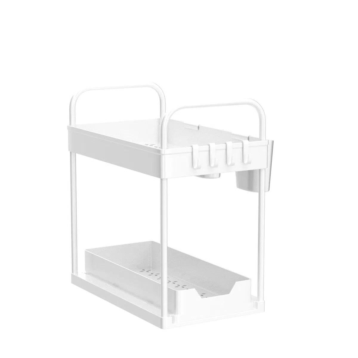 Organizador Cocina 2 Niveles, Deslizable bajo Fregadero, Extraíble Estante Almacenamiento Debajo con 8 Ganchos y 4 Cesta Colgante para Cajones, Baño Blanco-1 Paquete