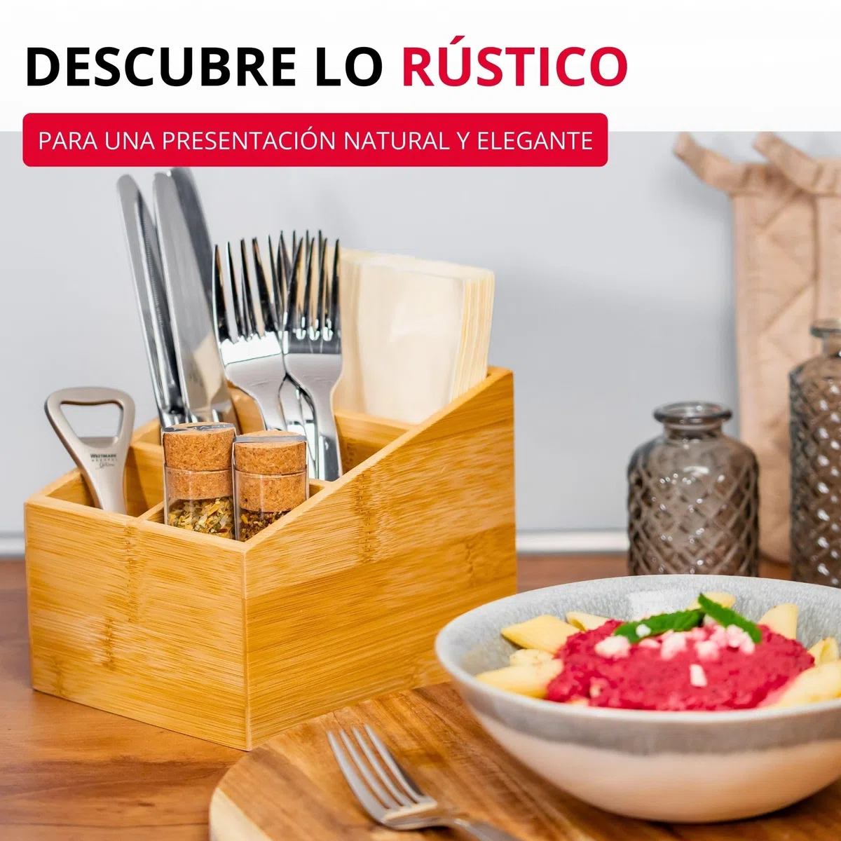 Westmark Organizador de cocina/mesa, 5 Compartimentos, Dimensiones: 13 x 13,5 x 16 cm, Bambú, Tapas + Friends, Marrón claro, 69842270