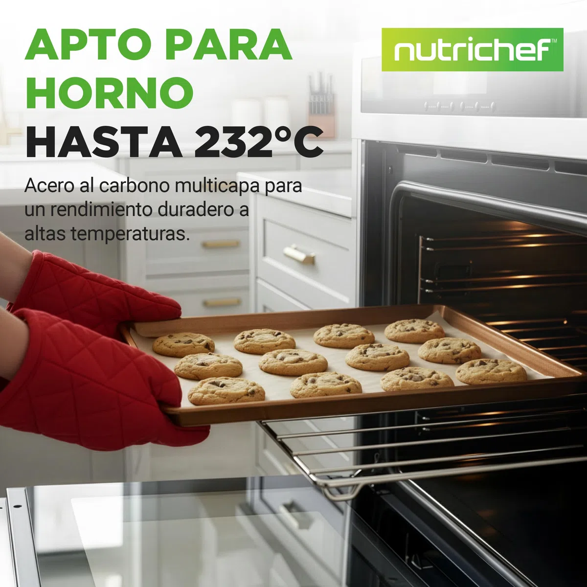 NutriChef juego de 3 bandejas horno, Para hornear, Servir, Apilables, Rectangulares, Antiadherentes, Sin PFOA, PFOS, PTFE. Dorado