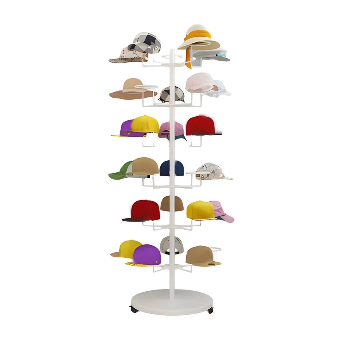 Expositor de Sombreros, Estante de Almacenamiento de Sombreros de 4, 5, 6 y 7 Niveles, Torre de exhibición de Gorras de Metal Independiente con Ruedas giratoria,White-6