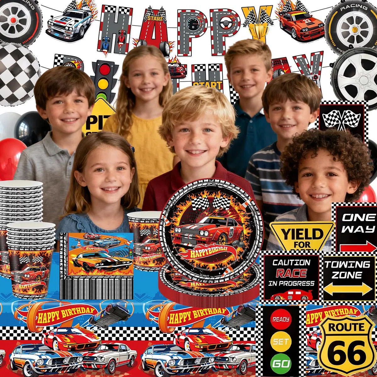Racing Party cutlery set, 61Stk racing party decoration, dibujos animados temáticos cutlery including plates, tazas, tissues, tablecloths, decoraciones de cumpleaños para niños
