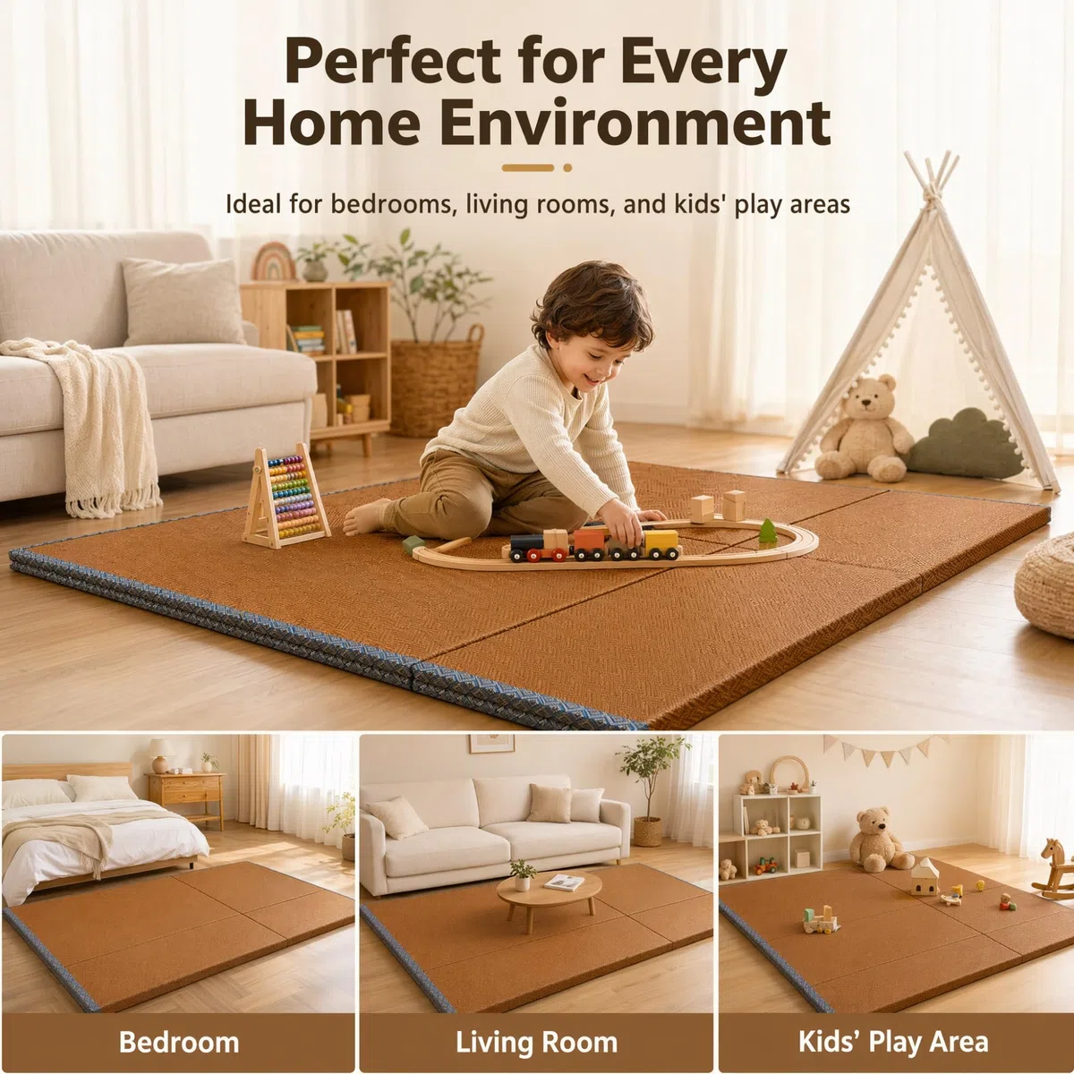 NEPHRA Tatami Plegable, Futón Japonés Antideslizante y Transpirable con Fibra Vegetal Natural, Grosor 3/5 cm para Yoga, Meditación y Zen(120 x 190 x 5 cm)