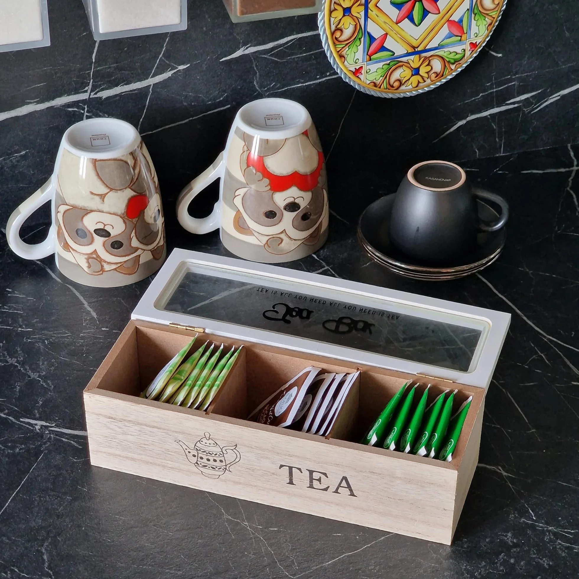 Caja portar infusiones de madera, 3 Tea Box, bolsitas blancas 24 x 8 x 7 cm
