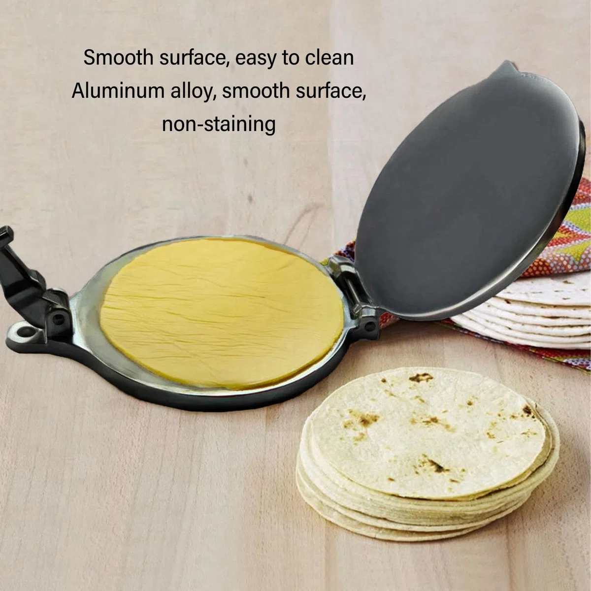 Prensa de tortilla DriKou, herramienta de prensado manual para hacer tortillas de aleación de aluminio para hacer hamburguesas de pastel de pizza (16cm negro)