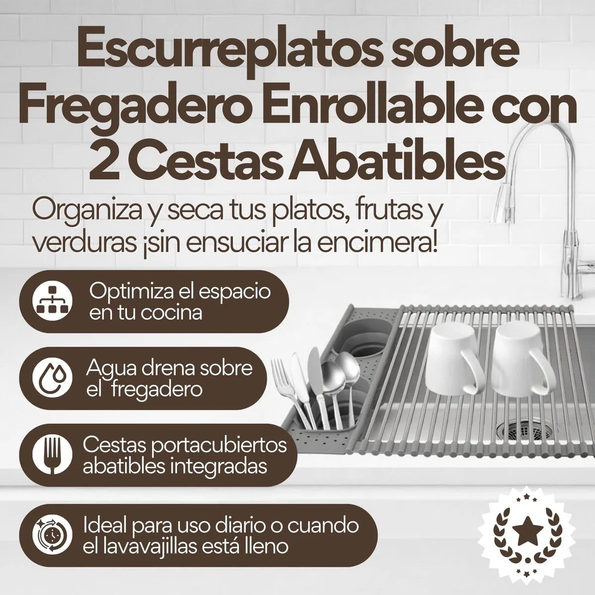 ️ Escurreplatos sobre Fregadero Plegable con 2 Cestas Abatibles Integradas de Silicona Cubiertos y Utensilios Cocina | Escurridor de Platos para Fregadero de Acero Inoxidable y Silicona (Gris)