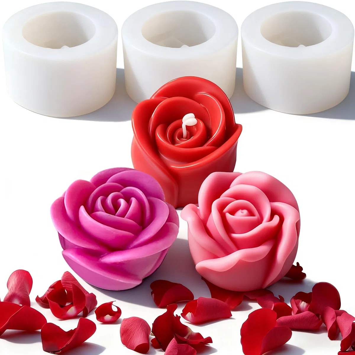 Molde de Silicona 3D para Velas - 3 Piezas con Forma de Flor y Rosas - Juego para el Día de la Madre, San Valentín y Fiestas de Cumpleaños