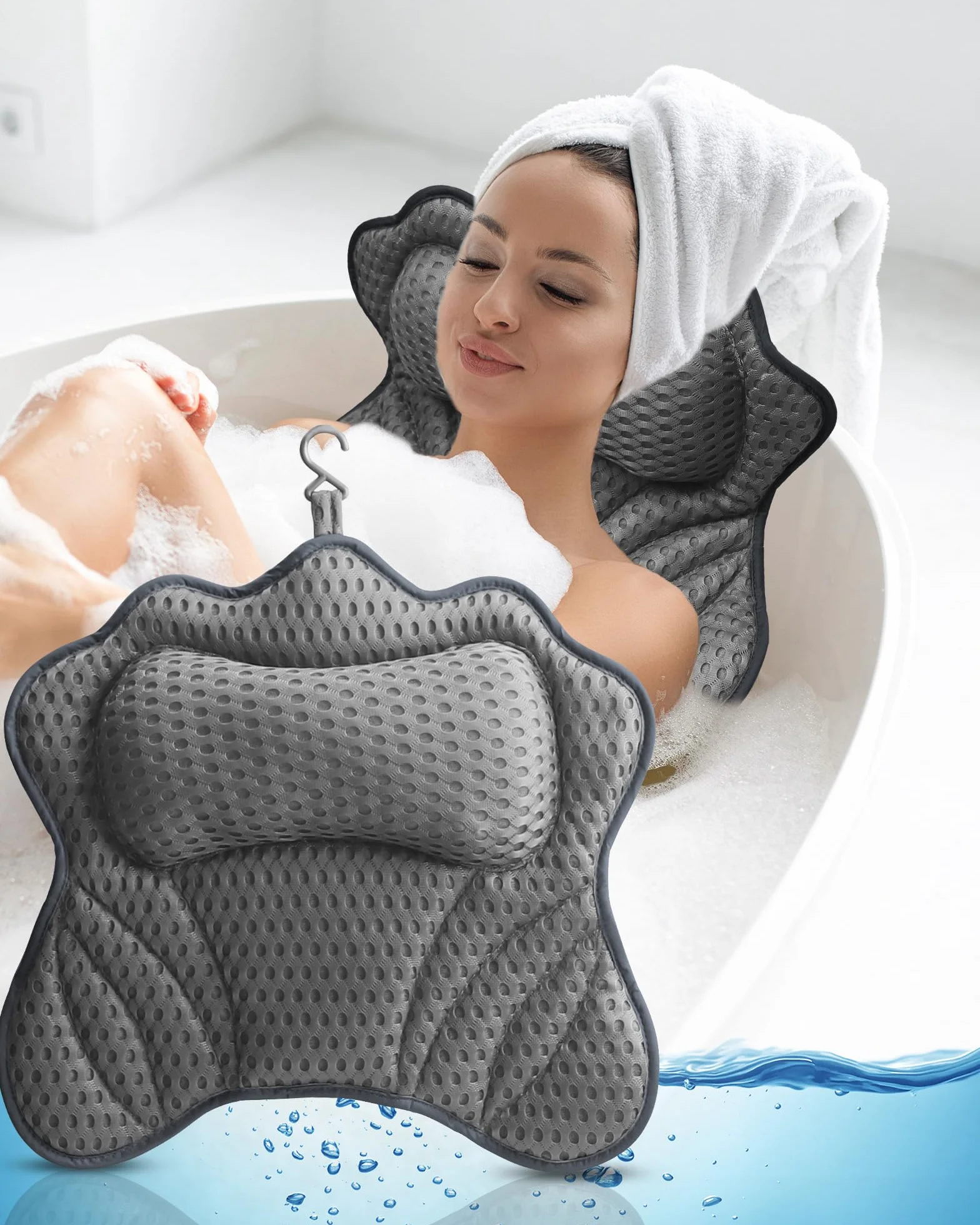 Almohada para Bañera, Almohada de Baño, Cojín de Bañera con 6 Ventosas Antideslizantes, Malla 4D, Almohada Bañera para Cuello, Cabeza y Hombros
