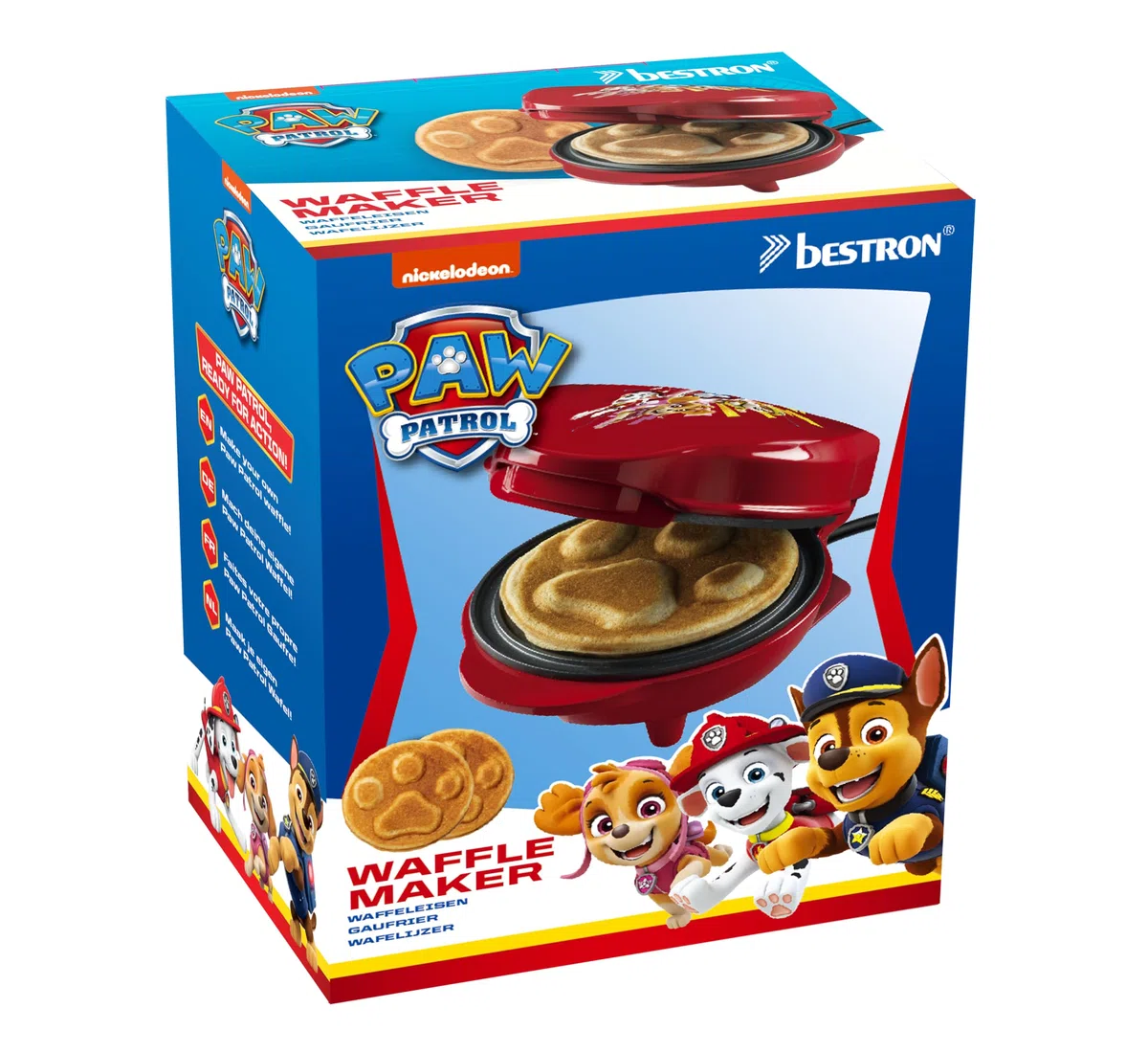 Bestron Paw Patrol Gofrera, mini gofrera con diseño único de la Paw Patrol, para fiestas de cumpleaños infantiles, Pascua y Navidad, tamaño de los gofres: Ø 10cm, producto con licencia oficial, Rojo
