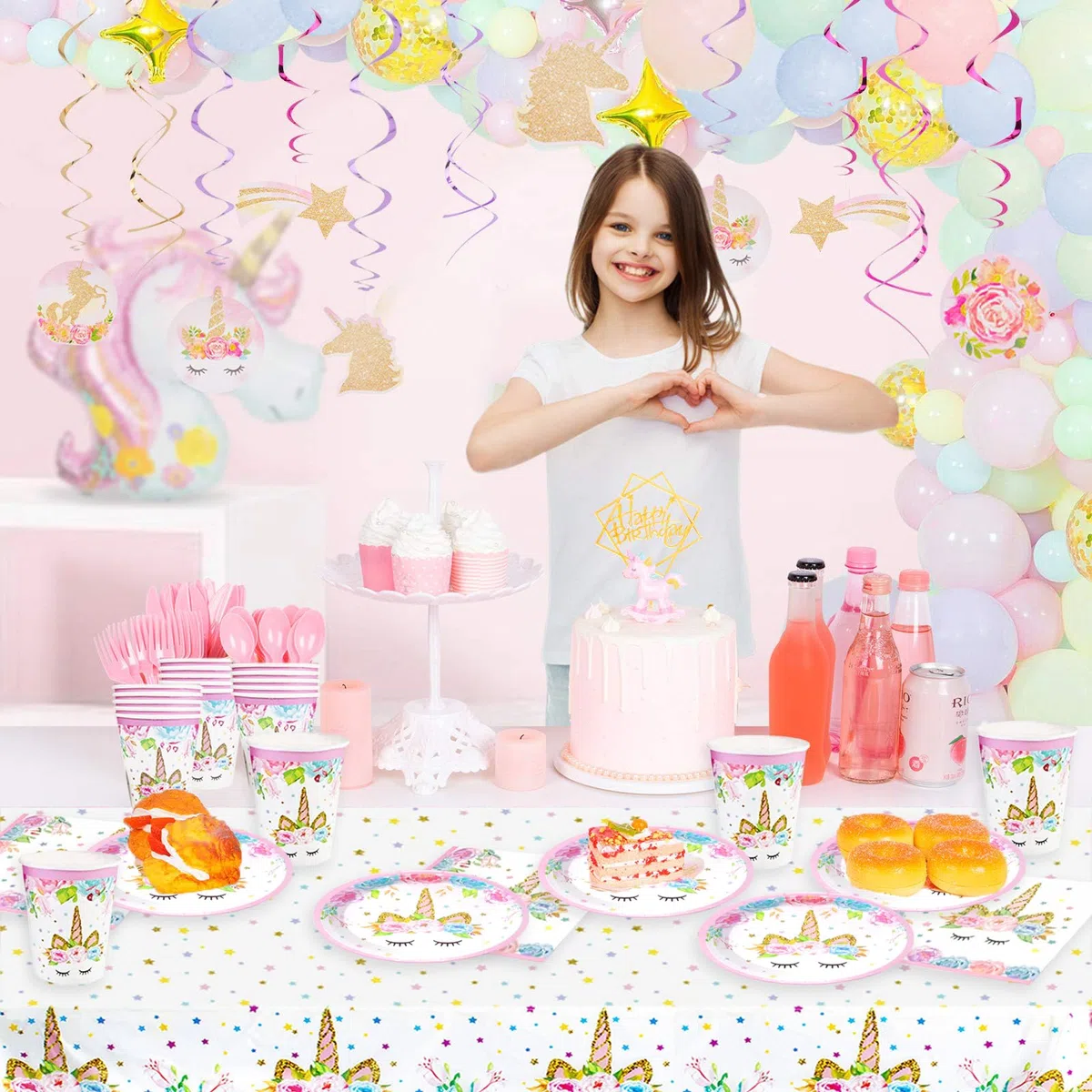 Bikasun Juego de vajilla de fiesta de unicornio, juego de 16 platos de unicornio, vajilla de cumpleaños infantil, platos de papel, tazas, servilletas, mantel, decoración para fiestas