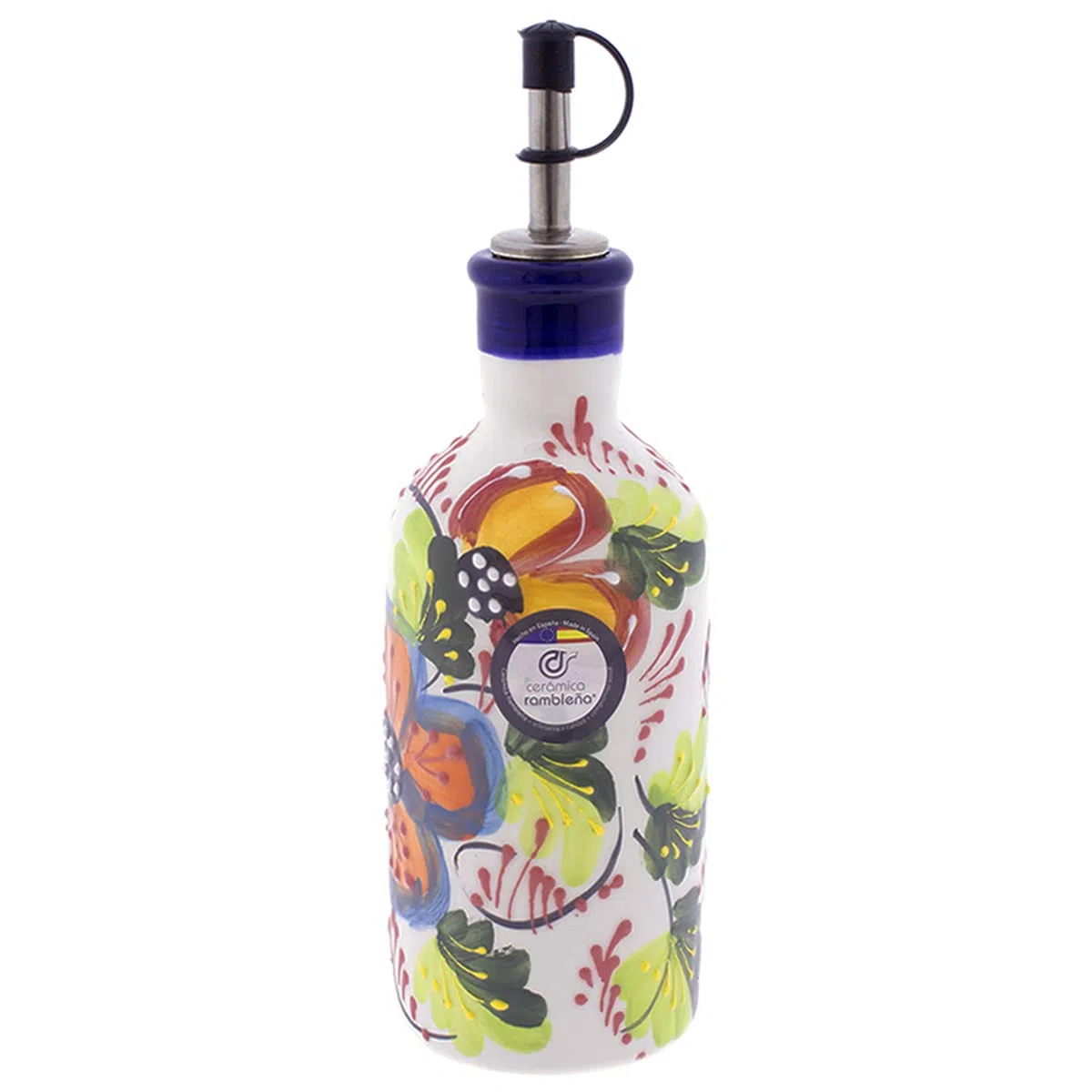 CERÁMICA RAMBLEÑA | Aceitera Amazon | Aceitera antigoteo cerámica decoración Blanca - Modelo 01 | 500 ml | 100% Decorado a mano | 7x7x24 cm