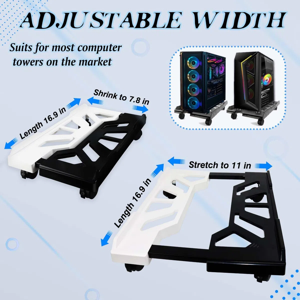 Soporte para PC, soporte torre PC, base con ruedas, soporte móvil universal ajustable para CPU con 4 ruedas, soporte PC bajo mesa, carrito de CPU debajo del escritorio para jugadores(BW)