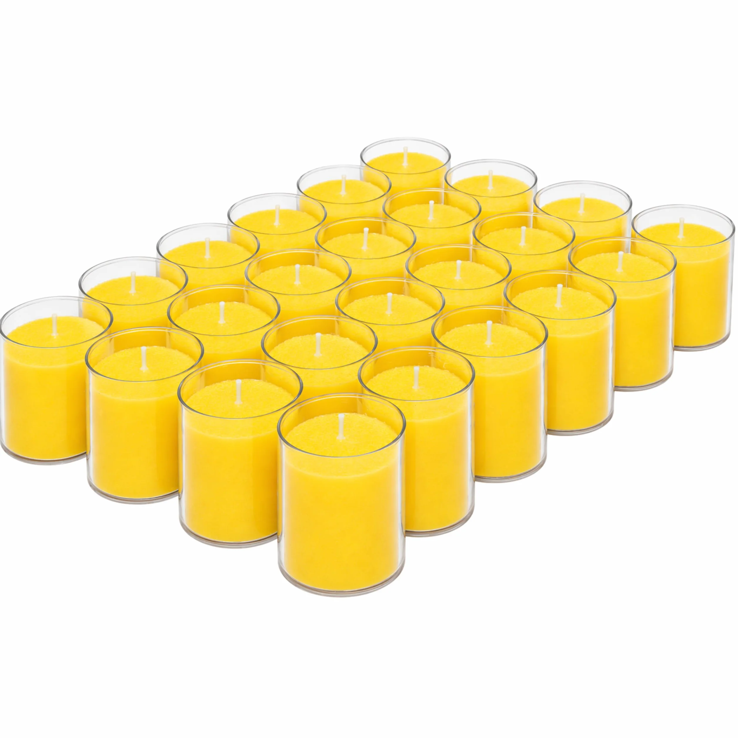 Horeca Candles - Velas de té de citronela en funda de plástico transparente - Amarillo - 24 unidades - 24 horas de combustión larga - Velas aromáticas para exteriores, balcón, picnic, camping