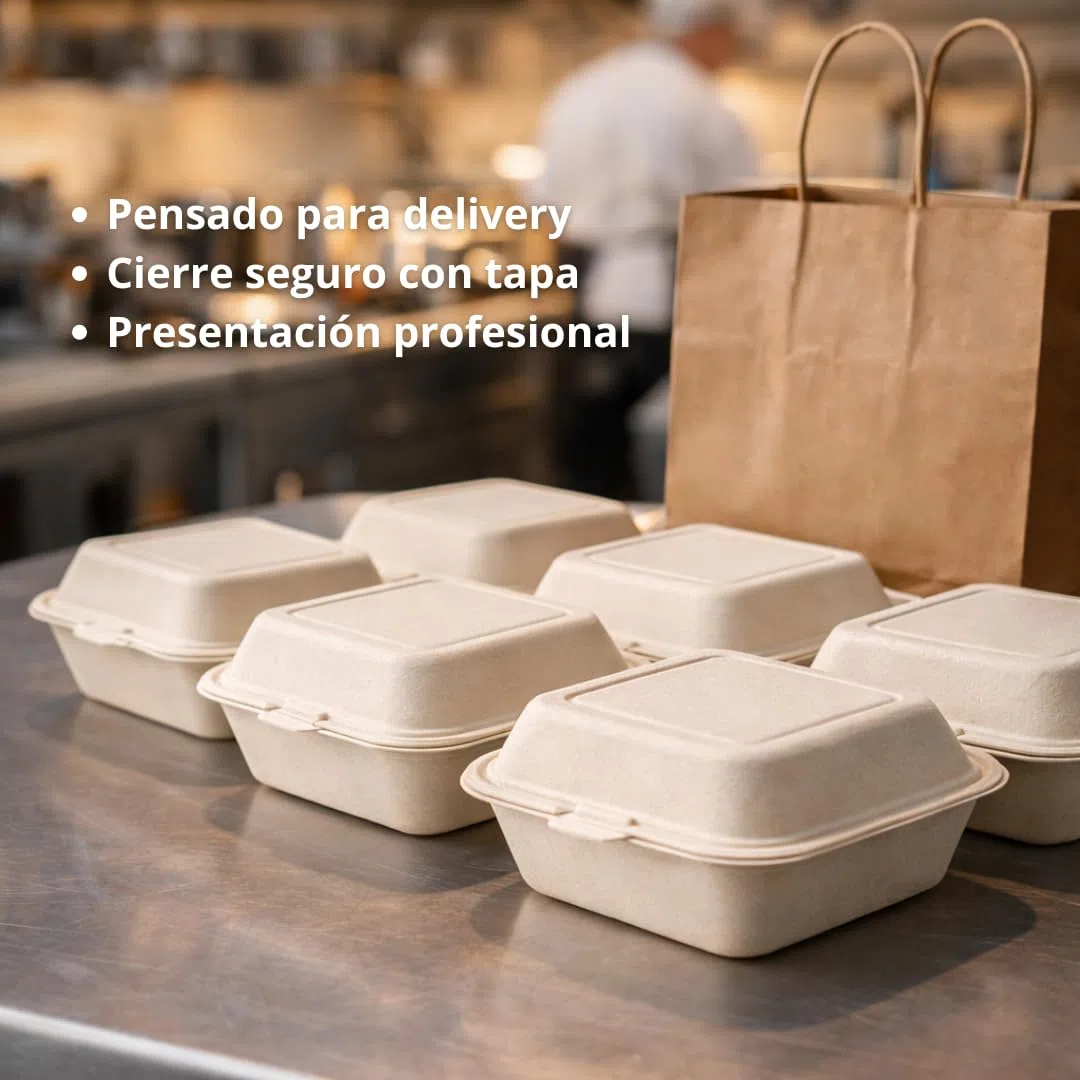 Envases Desechables para Alimentos 500 ml Pack 50 Unidades | Tupper Desechables Biodegradables con Tapa 152x152 mm | Cajas Comida para Llevar Aptas Microondas y Horno (50)