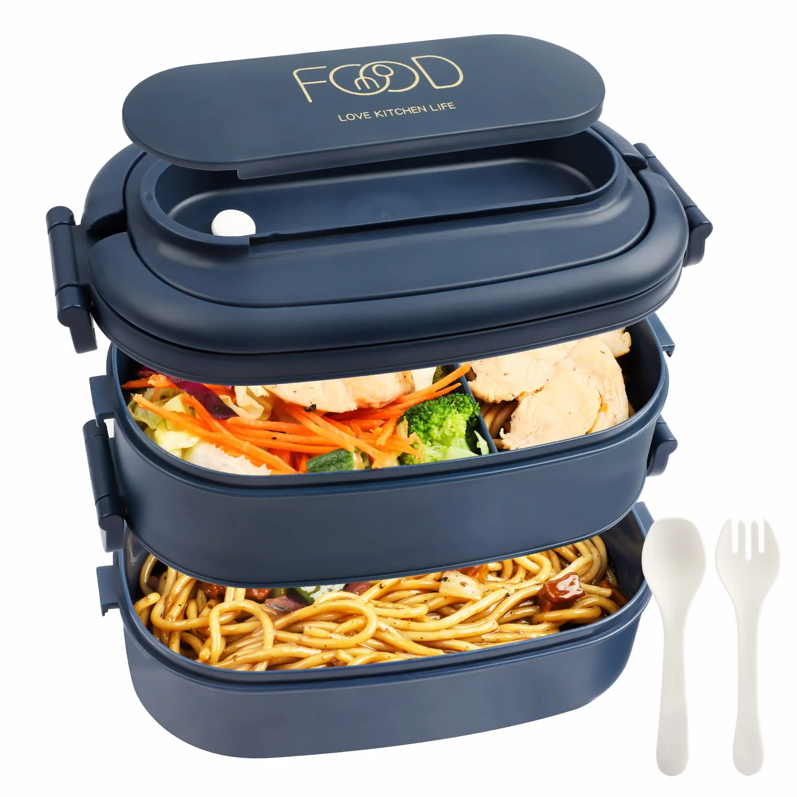 Fiambrera 2 Capa - 1550ml Lunch Box - Bento Box con 3 Compartimentos y Cubiertos - Loncheras para Adulto, Diseñado 2 Cierre de Clip, Sin BPA, Microondas, 19.2 x 11.5 x 12cm, Azul