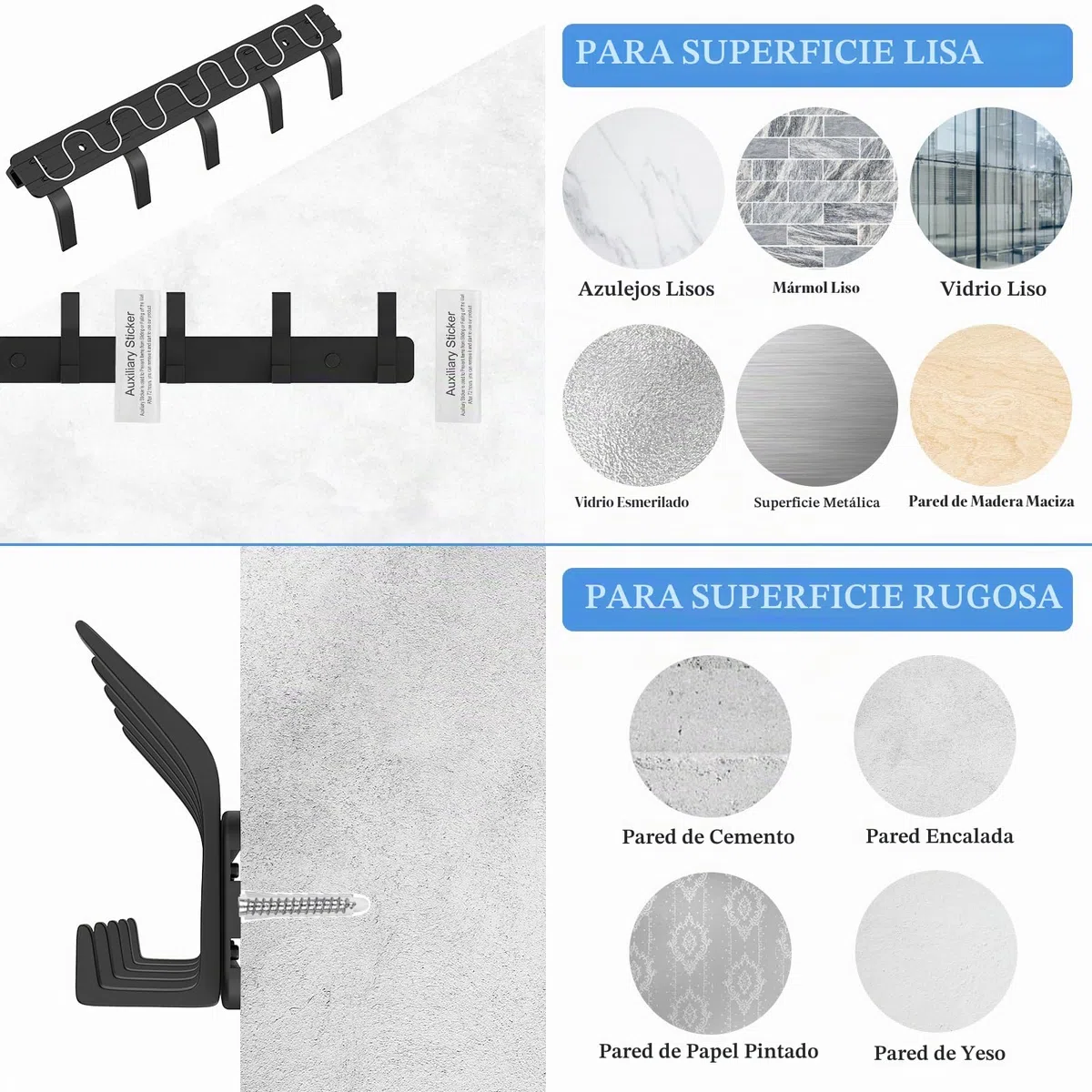 Percheros Pared 2 Piezas, Colgador Pared Inoxidable con 5 Ganchos, Ganchos de Perchero Coat Hooks para Cocina, Baño y Dormitorio, Negro