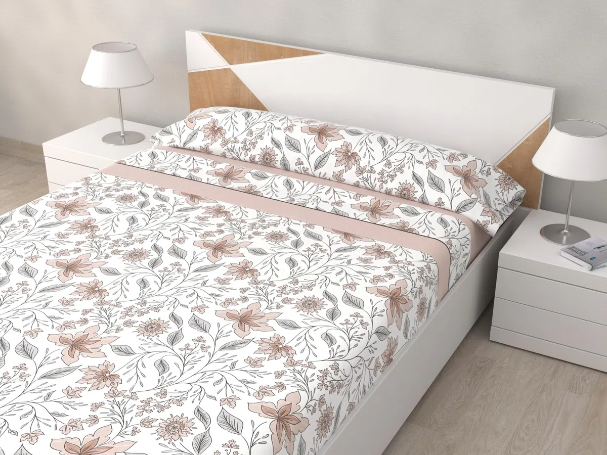HM'S HOME'SECRET Juego de Sábanas de 100% Microfibra, 3 Piezas, Varios Modelos y Tamaños. (Flor Beige, Cama 150cm)