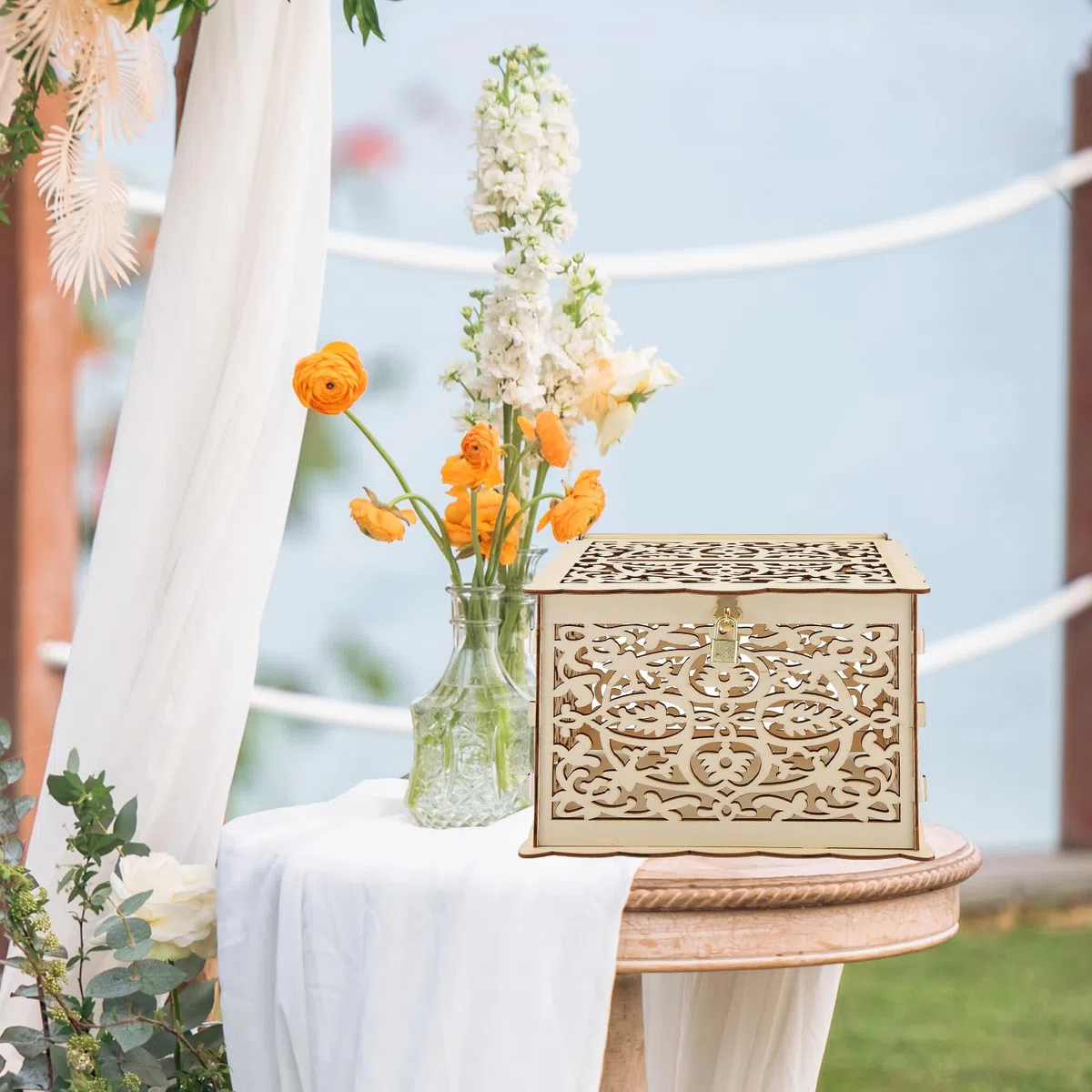 Caja de Tarjeta de Boda, Caja de Sobre Boda Hueca Bricolaje con Ranura y Cerradura, Caja de Tarjeta de Regalo de Madera, para Recepción Aniversario de Boda Baby Shower Cumpleaños Decoraciones