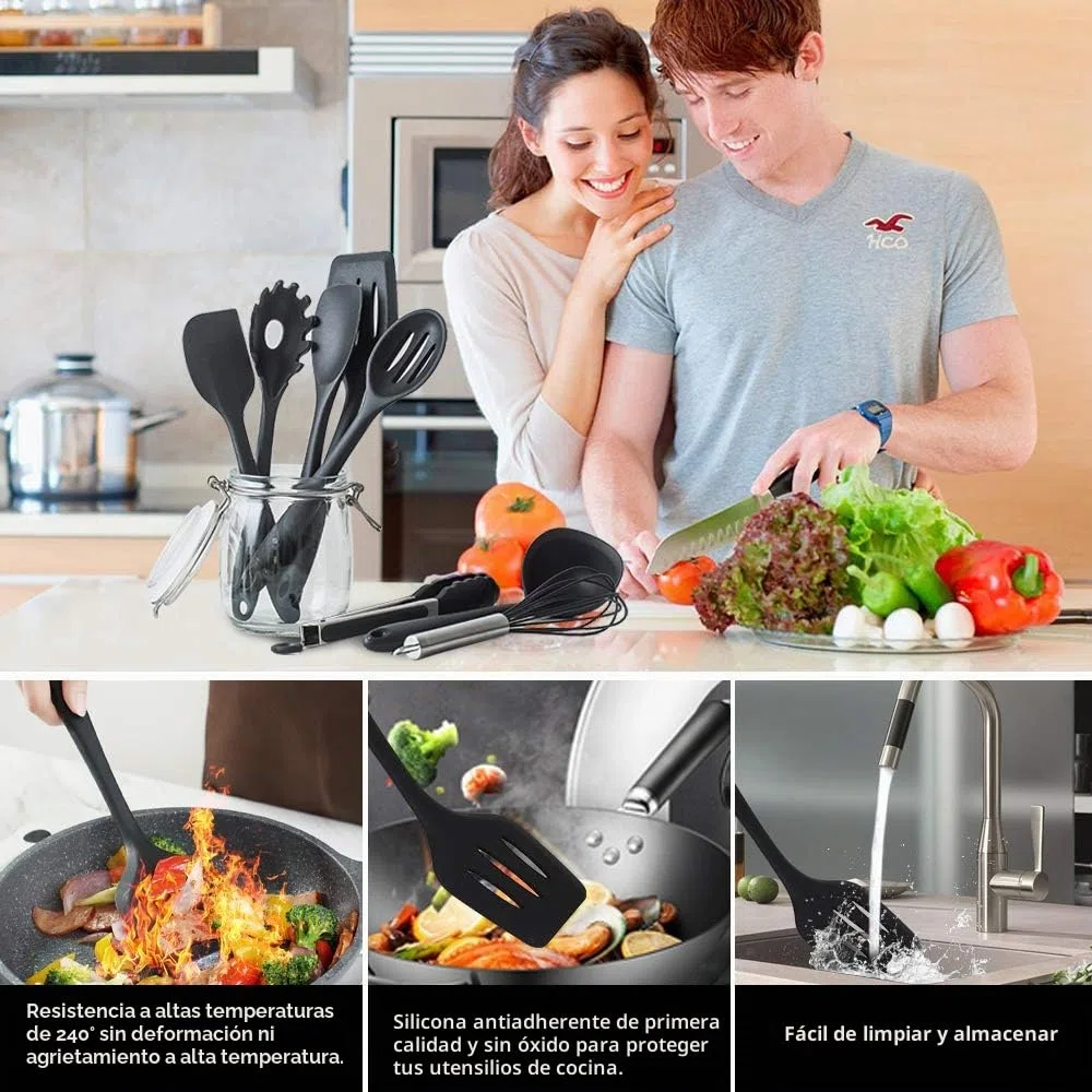 Utensilios de Cocina de Silicona, Herramientas Antiadherentes para Hornear Resistentes al Calor -10 Juegos - Negro (Cucharas de Cocina,Cucharas de Drenaje,Espátulas,Pinza,Cuchara para Espaguetis)