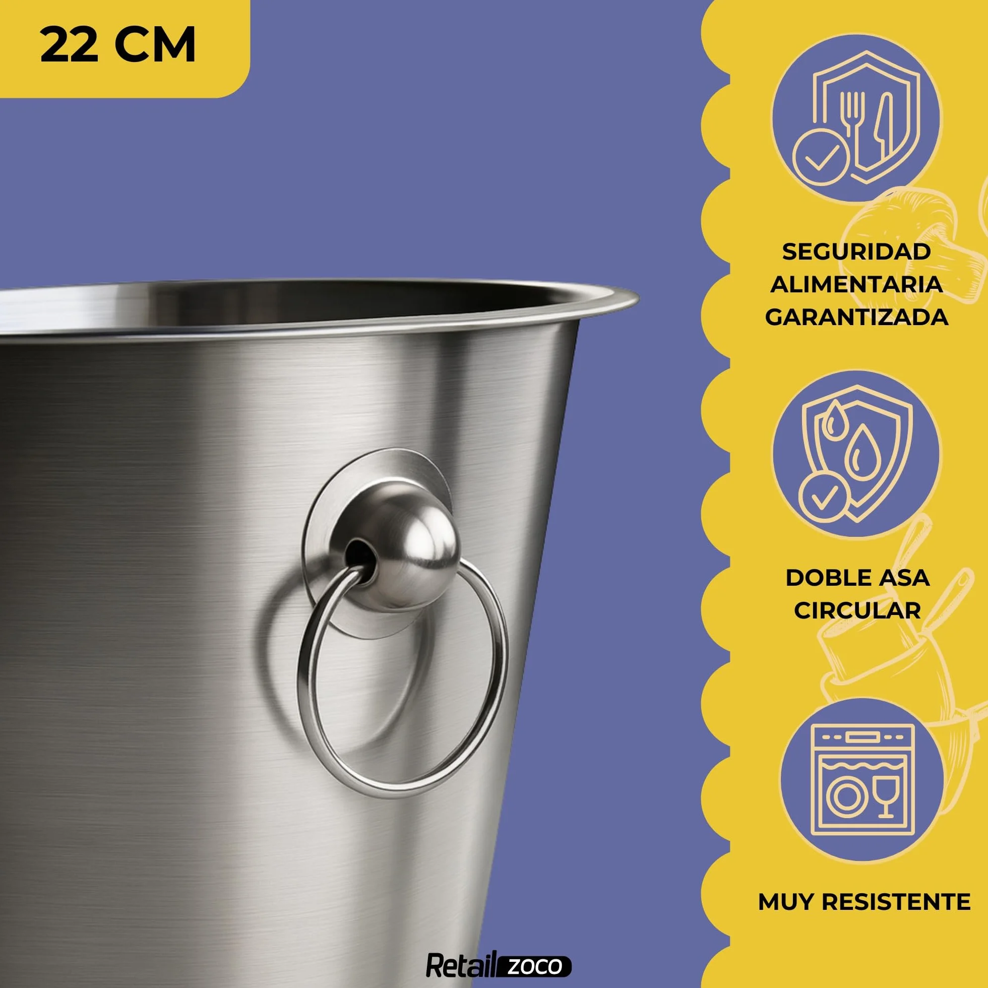 CHEFZOCO Champanera con asass, Cubitera Acero Inoxidable, Cubo de Champán, Enfriador de Botellas, Diámetro 22 cm, Altura 21 cm, Acero Inoxidable, Apto para Enfriar refrescos, champán, Vino, Cerveza