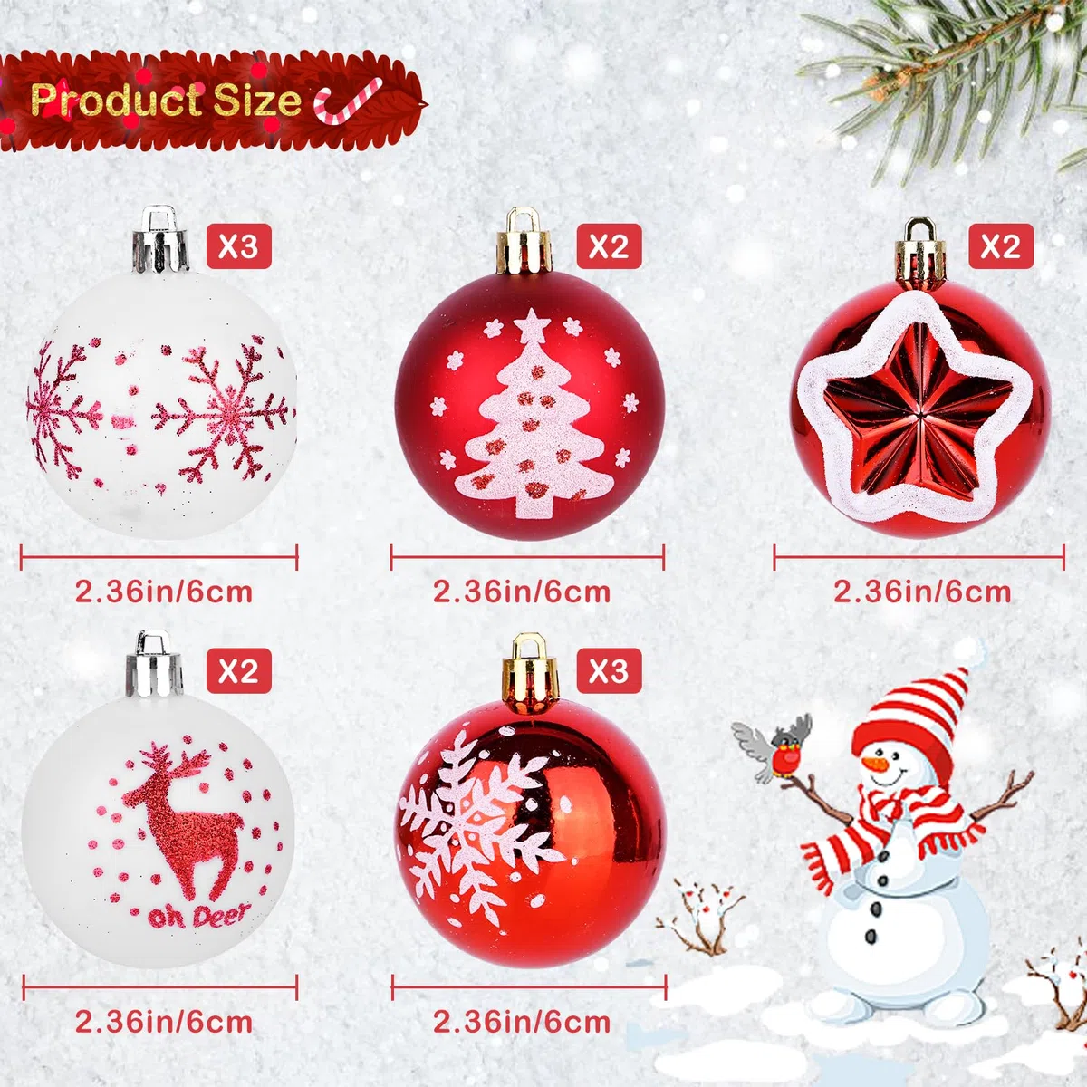Juego de 12 bolas de Navidad de plástico brillantes, adornos para árbol con ganchos, 6 cm