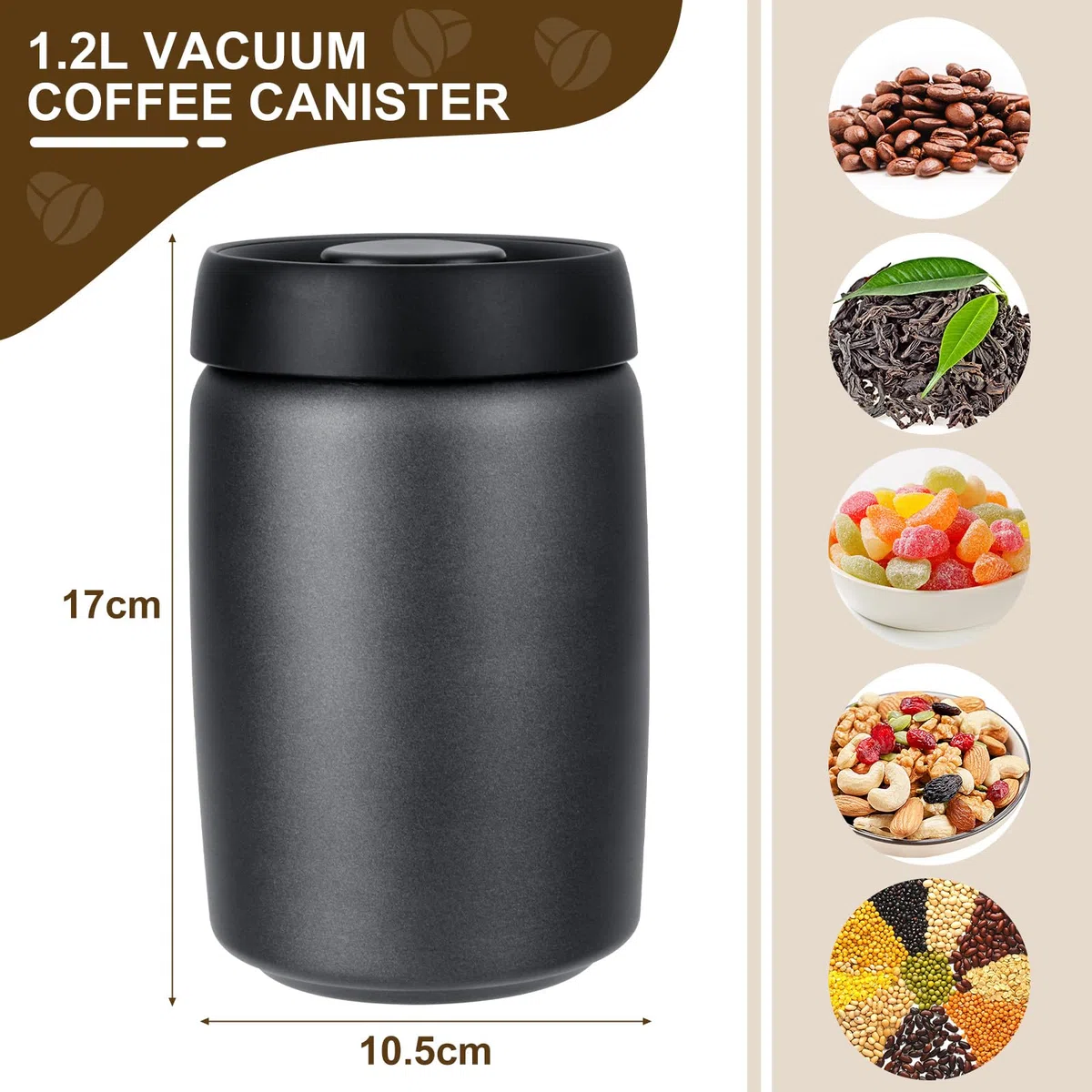 Cozary Bote para Café, Tarro de 1.2L Hermético de Acero Inoxidable con tapa de vacío, para almacenar granos de café, té, nueces, especias, cacao, etc (negro)