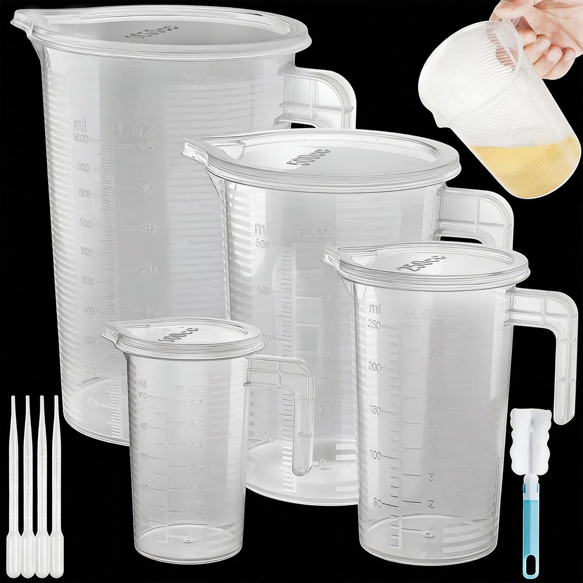 Realure 4 Piezas Jarra Medidora, 100ml/250ml/500/1000ml Vaso Medidores, Vaso Medidor de Precisión con Escala con Pipeta/Tapa/Cepillos, Dosificador de Vaso Dosificador, Cocina para Hornear, Laboratorio