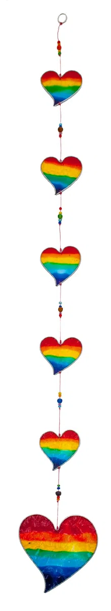 Colgante con 6 cristales atrapaluz en forma de corazón, fabricados con vidrio policromado y diseño de arcoíris, hecho a mano. Hermoso colgante para la ventana, decoración del hogar