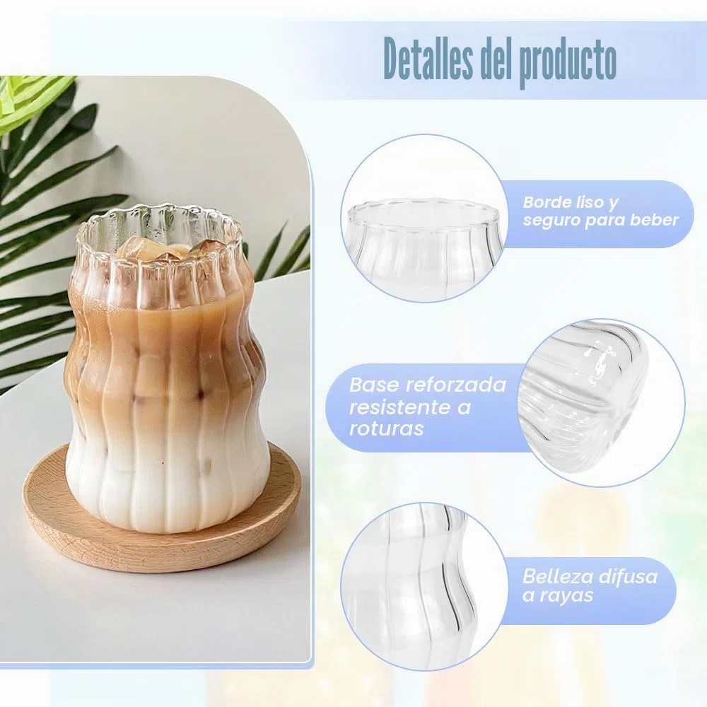 Kleemeiero 4 PCS Vasos de Vidrio para Café 530ML Vasos de Cristal con Forma de Ondulada, Tazas para Batidos, Vasos de Cóctel, Cerveza, Whisky, Latte, Macchiato, Hacer Bebidas y Fiesta Verano