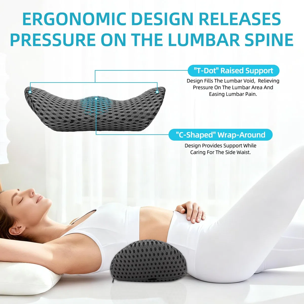 Cojín Lumbar ergonómico - Cojín Lumbar Silla Oficina,Cojín Lumbars Dormir con Funda Transpirable y Correa Ajustable,Almohada Lumbars Ergonómico para Coche,Silla Oficina,Cama,Sofá