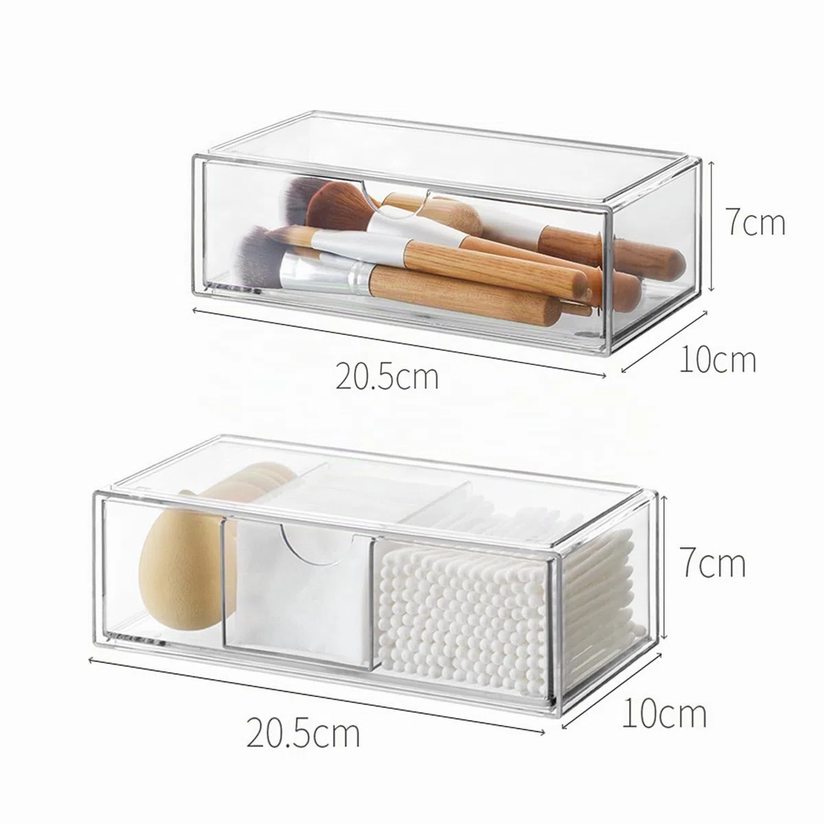Cosmetic Organizer Set de 2 cajones acrílicos apilables, caja de almacenamiento de maquillaje transparente, para dormitorio, tocador, armario de espejo interior