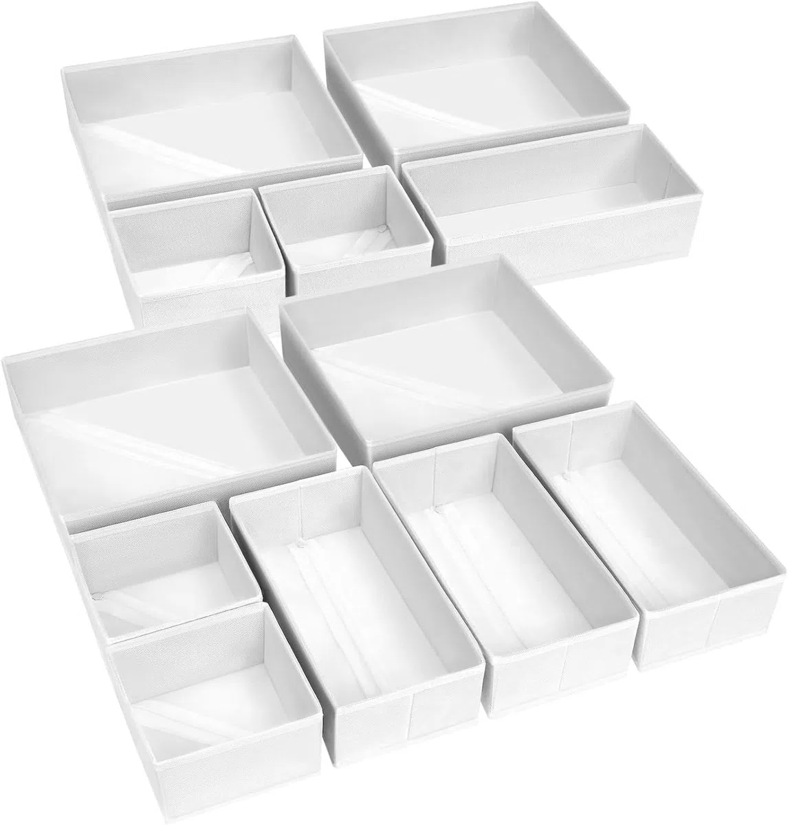 DIMJ Organizadores de Cajones - Divisores de Cajones Juego de 12 Cajas, Plegables Organizador Ropa Interior Armarios No Tejidos, BeBe, Calcetines, Ropa Interior, Corbatas, Blanco