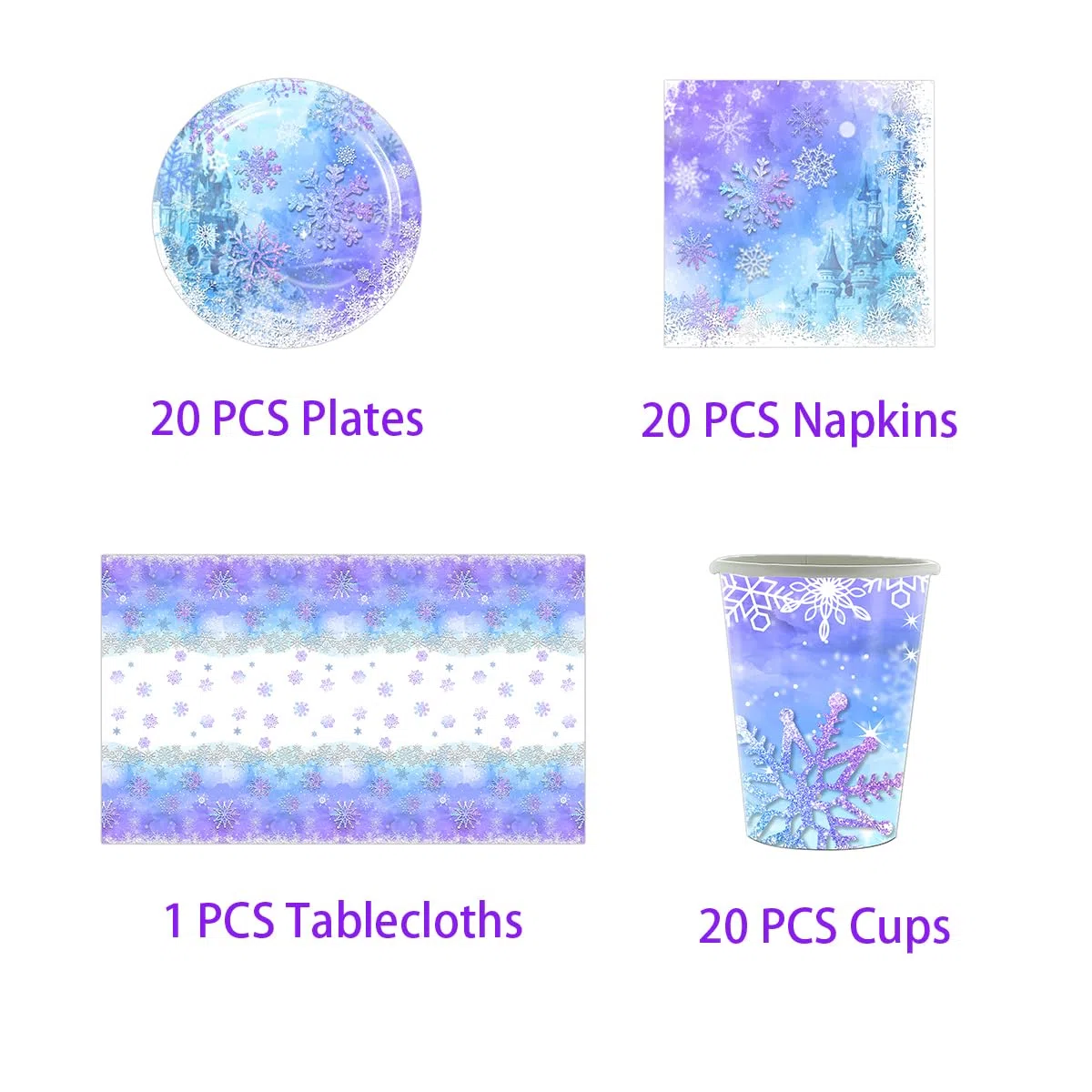 61 piezas Vajilla fiesta Frozen, juego de vajilla copo de nieve azul y morado, 20 servilletas 20 vasos de papel 20 platos de papel 1 mantel, vajilla para niños y adultos