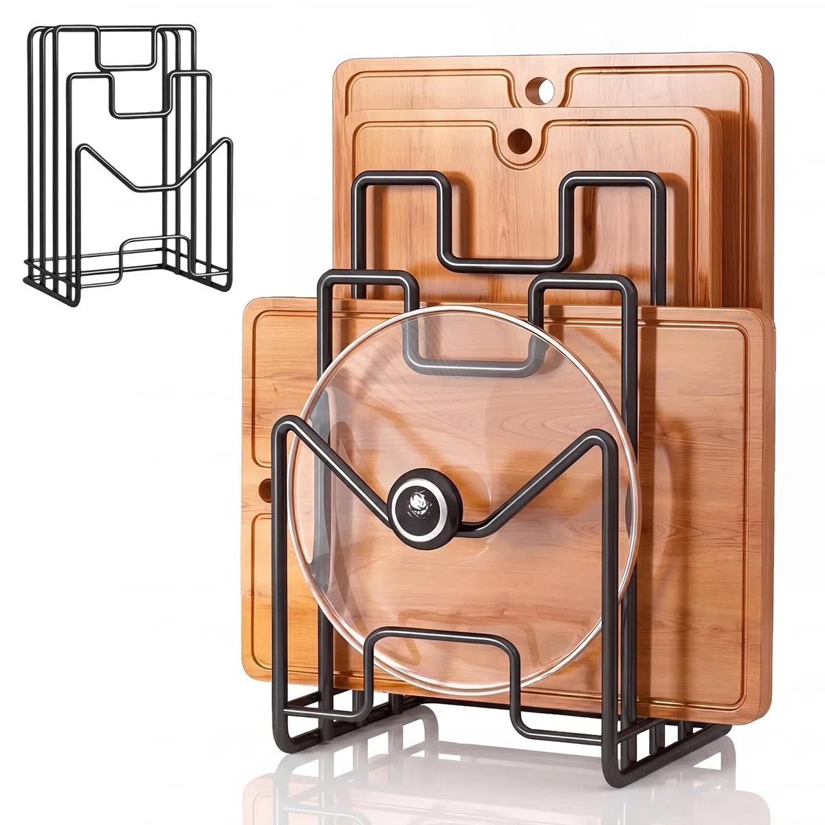 Soporte para Bandejas De Cocina y Tablas con 4 Compartimentos, Organizador Metálico para Tapas De Ollas, Espátulas, Platos y Bandejas De Horno