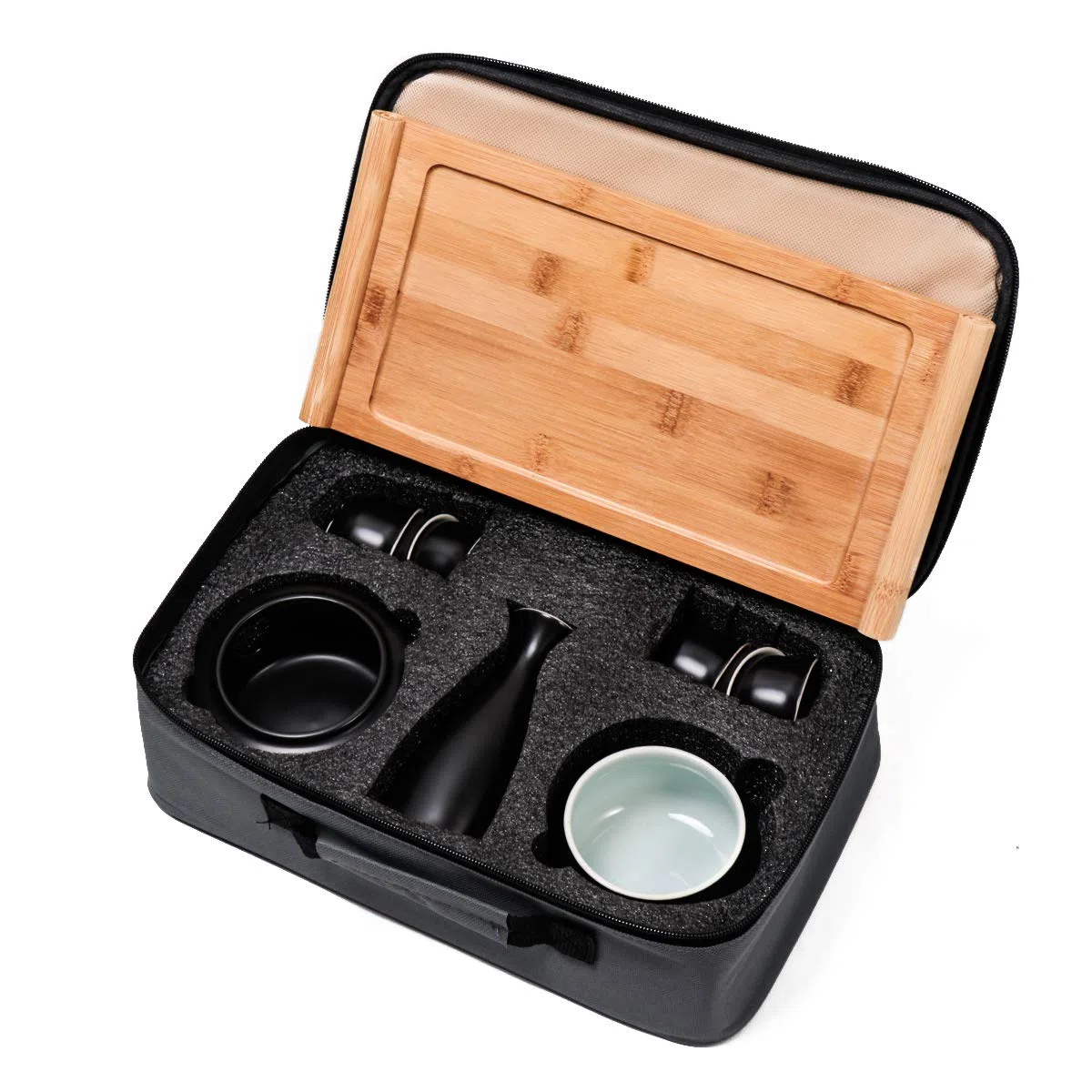 LOUTYTUO Juego de Sake de cerámica + Bandeja de bambú para Olla más Caliente, Bebida Saki Caliente de cerámica Segura para Estufa, Caja de Regalo de Almacenamiento de Sake de 10 Piezas