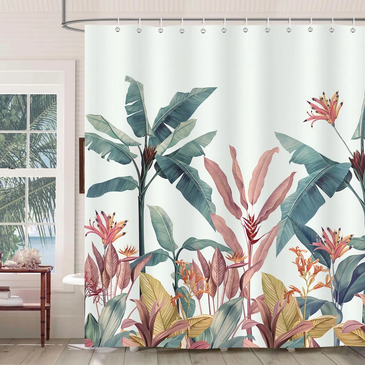 Bonhause Cortina de Ducha Hojas de Plátano Planta Tropical Verde 180 x 200 cm Cortina de Baño de Poliéster Impermeable Antimoho Lavable Cortina Ducha con 12 Ganchos