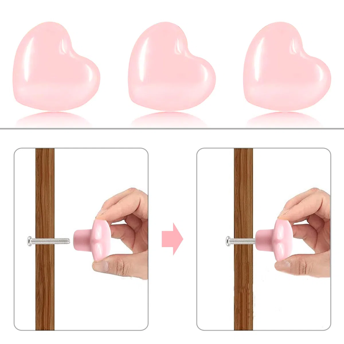 Pack de 10 Pomos para Muebles de Cerámica en Forma de Corazón Rosa - Tiradores con Tornillos Incluidos para Cocina, Armarios, Gabinetes y Más‌