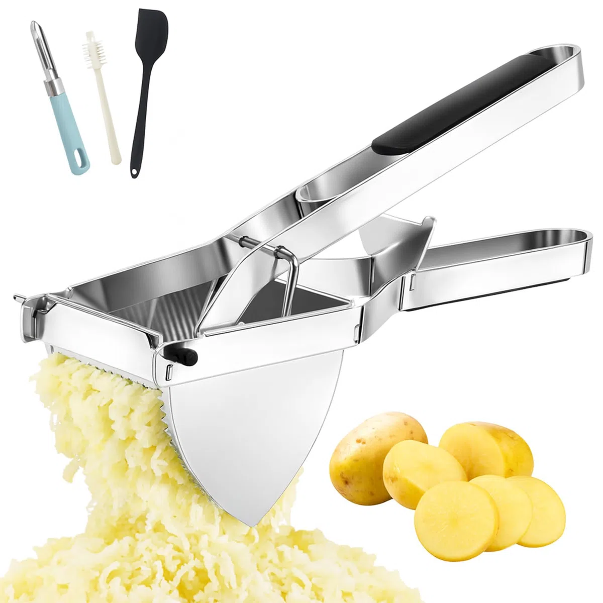 Prensador de patatas resistente, triturador de patatas grande de 22 onzas, prensa de acero inoxidable y accesorio de cocina para puré de patatas, mango de silicona, uso comercial