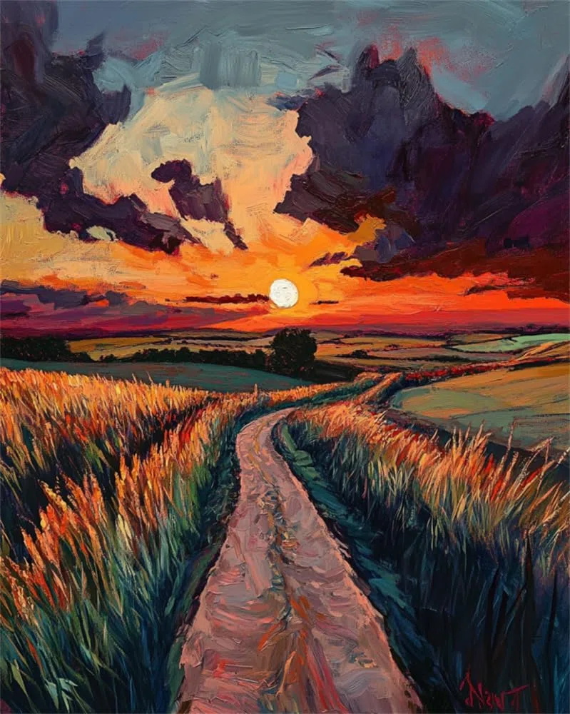 Hdfvlfdsa Kit Punto De Cruz Esquemas Niños Principiantes Tela Impresa Paisaje Rural Al Atardecer 40X50Cm Cuadro Set Kits Bordado Punto De Cruz Kit Completo Hilo Y Tela Impreso Contado Patrones A Mano