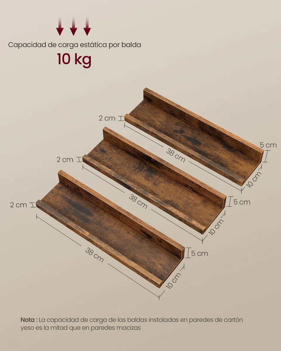 VASAGLE Custos Colección - Juego de 3 Estantes Murales, Estanterías de Pared de Madera para Marcos de Fotos y Libros, Estilo Moderno, para Baño, Cocina y Sala de Estar, Marrón Rústico LWS037X01