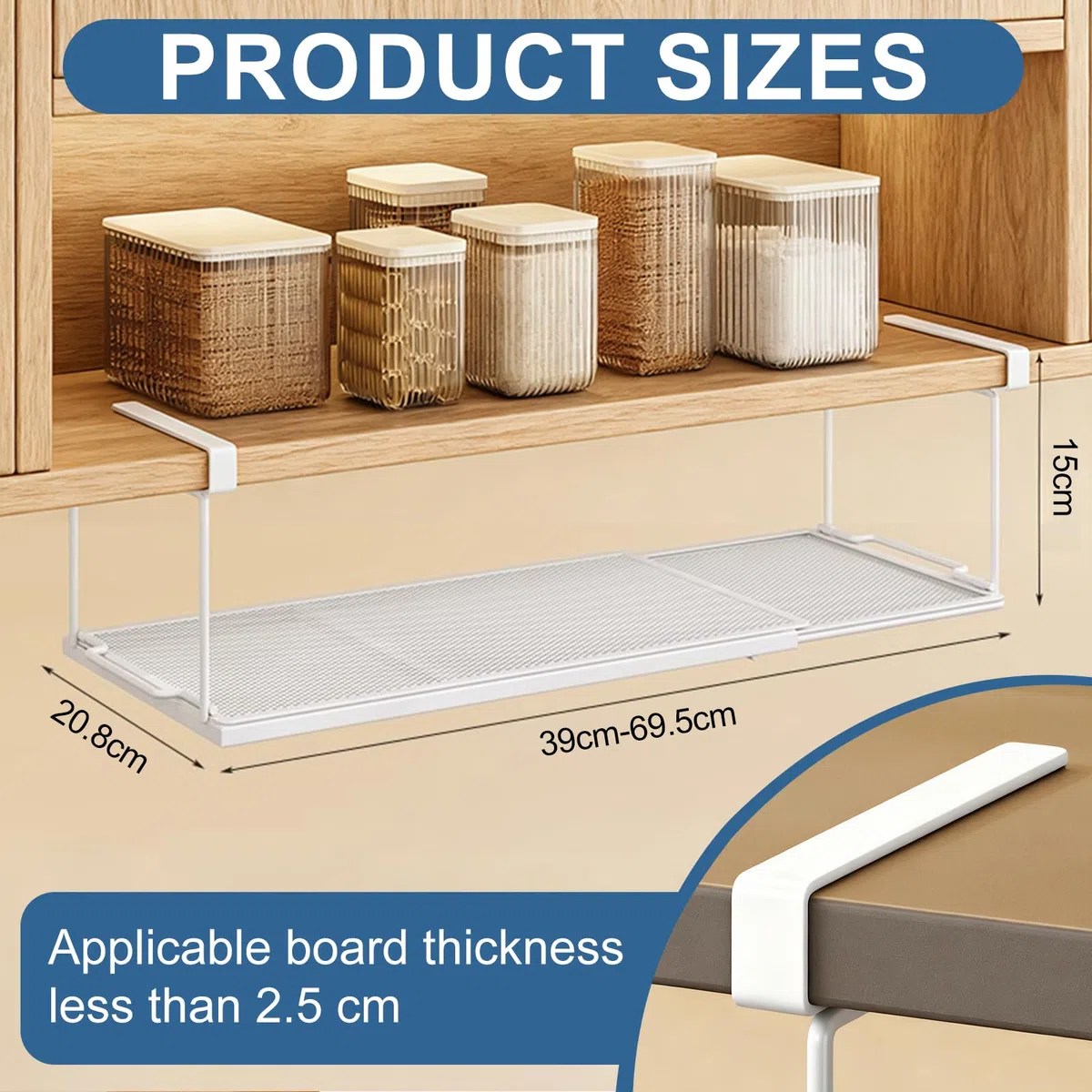 Cesta Colgante Extensible | Organizador Armario Cocina | Cesta Colgante de Metal para Estante Inferior Ajustable de 38-70 cm para Armarios de Cocina, Despensa, Zapateros y Armarios (Blanco)