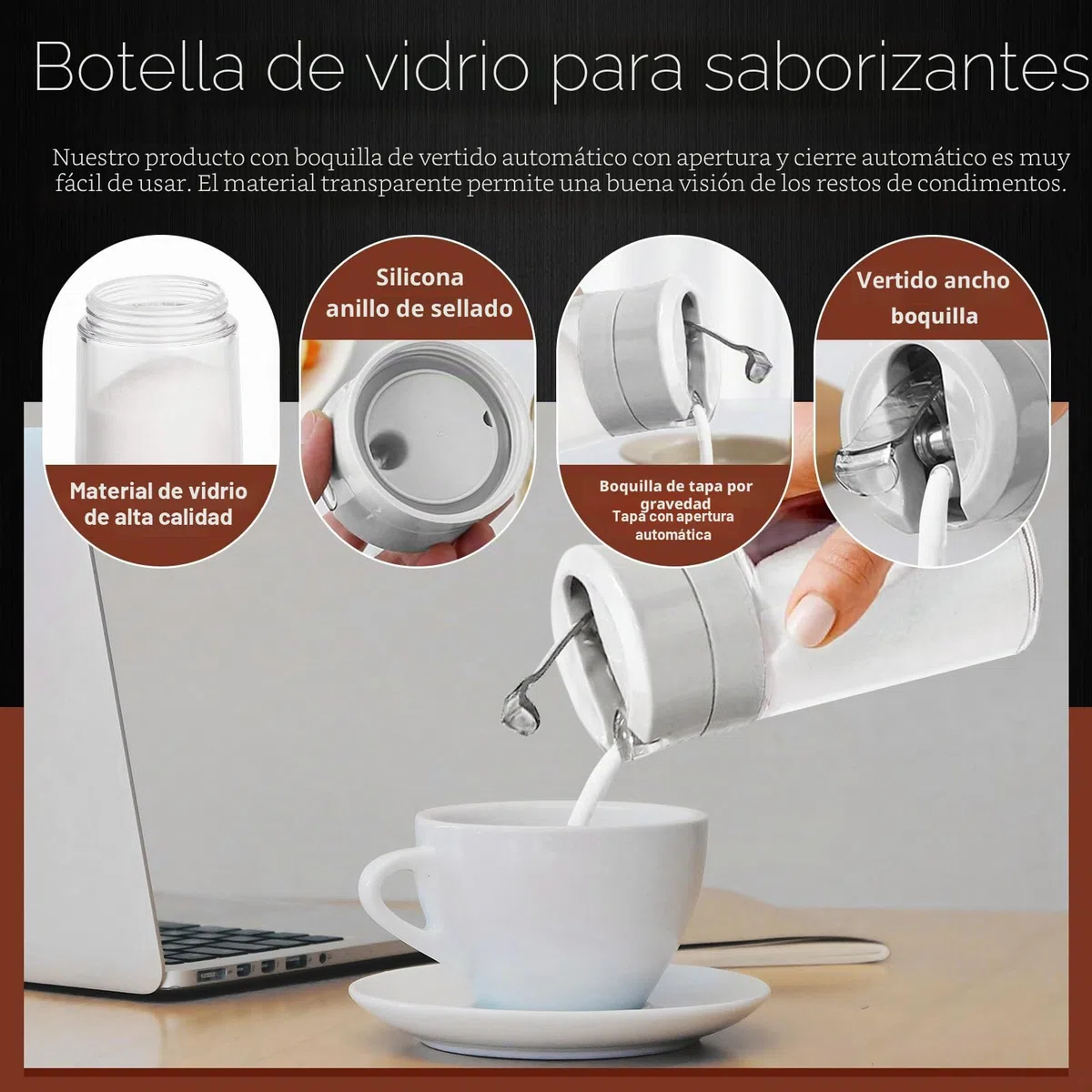 2 dispensadores de azúcar de vidrio con boquilla de vertido automático, recipiente de azúcar con peso, 250 ml, soporte para salero, accesorios para barra de café (Gris)