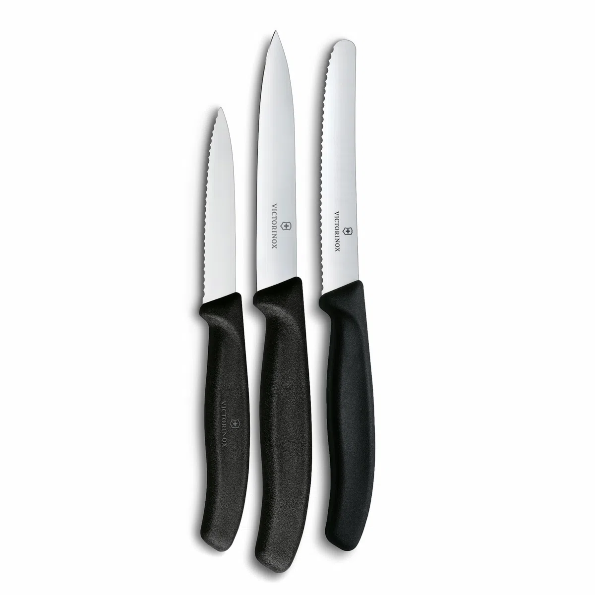 Victorinox Swiss Classic Juego de cuchillos de cocina, 3 piezas, cuchillo para pelar, cuchillo para tomates y cuchillo para desayunos, Mango robusto de plástico, Acero inoxidable, Negro
