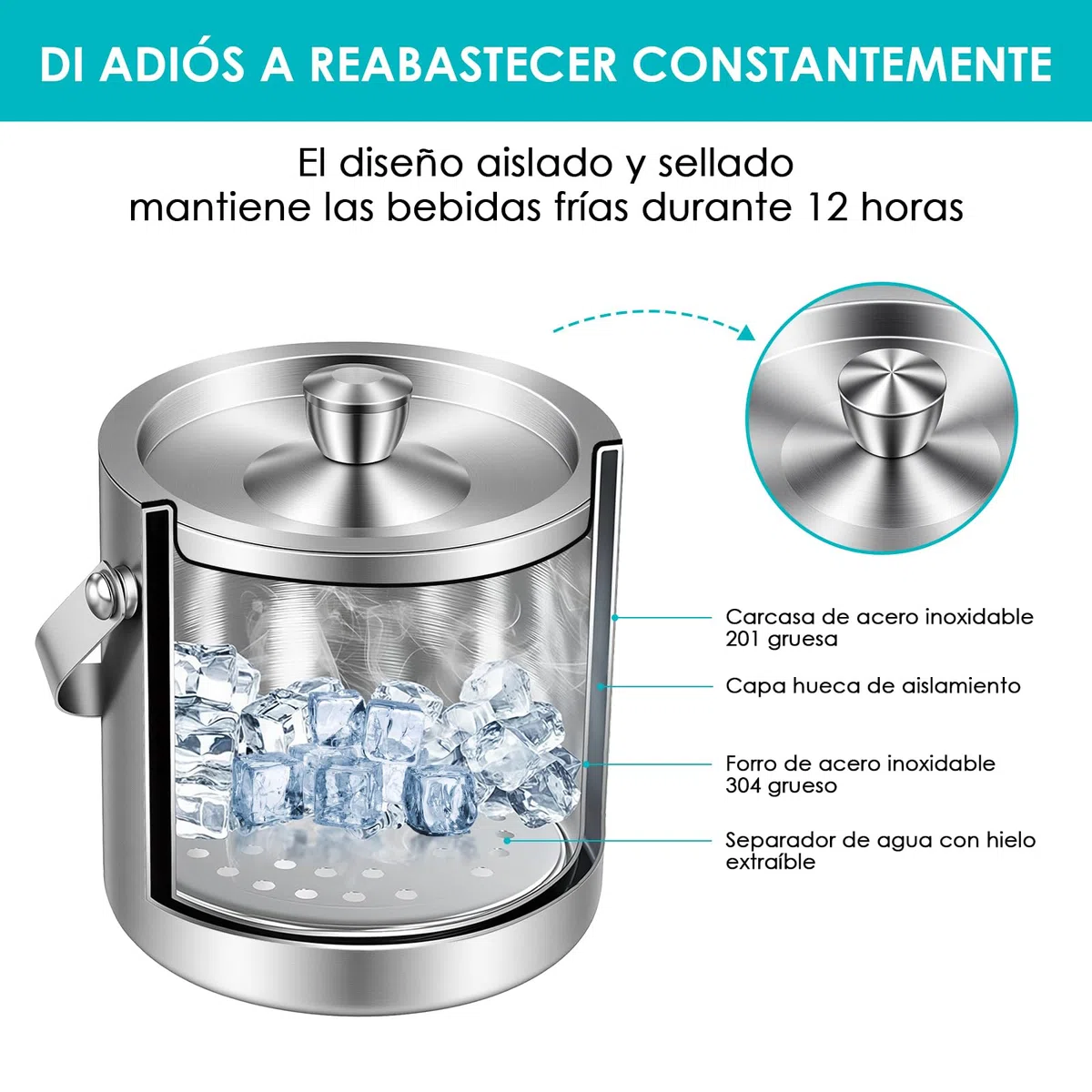 2L Cubitera con Tamiz y Pinzas Para Hielo, Cubiteras Acero Inoxidable, Para Bares, Restaurantes, Fiestas, Cerveza