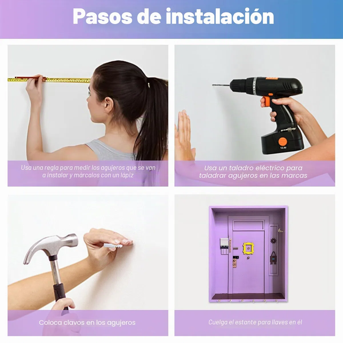 Friends Monica'S Door Wall Key Holder, Friends Key Hooks Con Espacio De Almacenamiento Y 6 Ganchos Colgador Llaves Pared Para Amantes De Los Programas De TelevisióN Para BañO Sala De Estar (Morado)