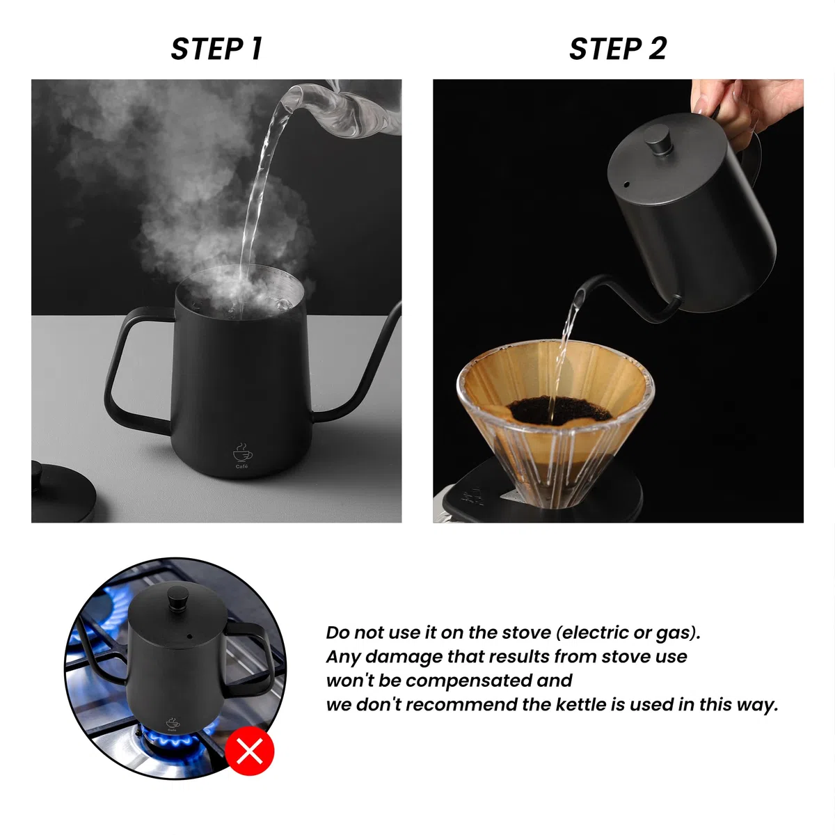 Hervidor pequeño con cuello de cisne negro, pico largo y estrecho, 550 ml, acero inoxidable, mini hervidor de agua para té, gotero para verter sobre café, agua fría y caliente