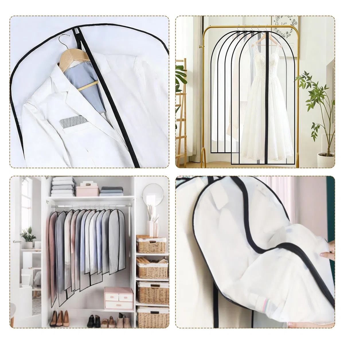 4 Piezas Fundas Ropa 60 x 180 cm, Portatrajes Largos, Plegable Fundas de Ropa Blanco, a Prueba de Polvo, Impermeable, Resistente, Bolsa de Ropa de Boda, Bolsa de Ropa de Vestido de Noche