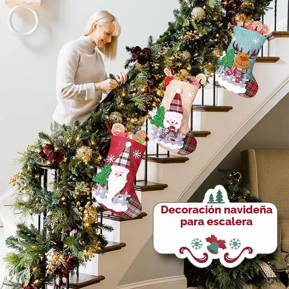 Calcetines de Navidad Chimenea, Calcetines Navidad para Colgar de Yute Personalizados Calcetines de Papá Noel Medias de Navidad, Bolsas de Regalo Calcetin Navideño para Decoracion Árbol de Navidad